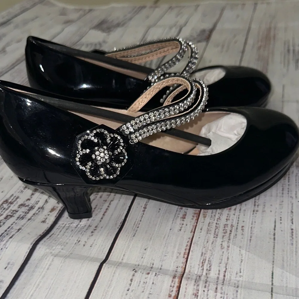 Link‎ Black Dress Shoes with Rhinestone Straps Sz. 3